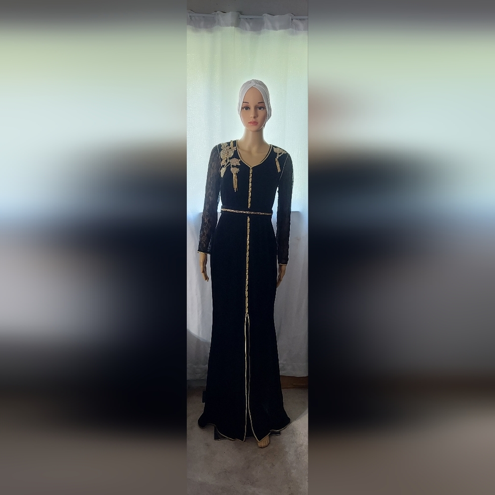 Black Moroccan Kaftan with Gold Accents - Slim Fit, Size L